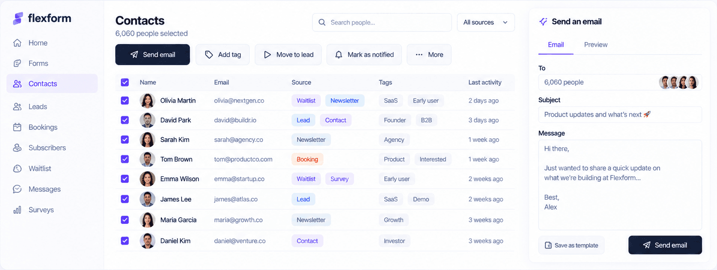 Flexform contacts workspace with a people table and email composer
